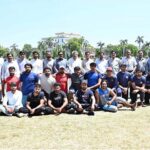 A group photo of Dr. Amir Ali, Dean of Science, and Maheer Ahmad Khan Haral, Director of the Sports Department, with players of the tug-of-war competition on the final match between the Sociology Department and the Sports Science Department at the University of Sargodha's Sports Gala