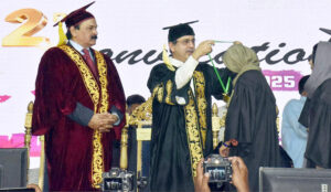 Federal Minister for Energy Sardar Owais Ahmed Khan Leghari is addressing the second convocation of Ghazi University