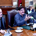Sindh CM Syed Murad Ali Shah addresses the press, joined by Senior Minister Sharjeel Memon and Irrigation Minister Jam Khan Shoro at CM House