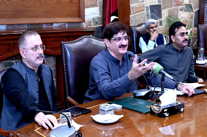 Sindh CM Syed Murad Ali Shah addresses the press, joined by Senior Minister Sharjeel Memon and Irrigation Minister Jam Khan Shoro at CM House