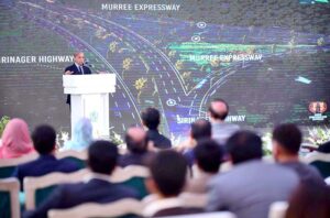 Prime Minister Muhammad Shehbaz Sharif addresses the groundbreaking ceremony of Jinnah Square Murree Road Underpass.