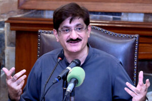 Sindh CM Syed Murad Ali Shah addresses the press, joined by Senior Minister Sharjeel Memon and Irrigation Minister Jam Khan Shoro at CM House