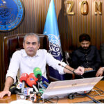Federal Interior Minister Mohsin Naqvi addressing a press conference at FIA Office Temple Road