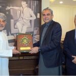 Federal Interior Minister Mohsin Naqvi presents a souvenir to Omani Ambassador Fahad Bin Sulaiman Bin Khalaf Alkharusi during a meeting in federal capital