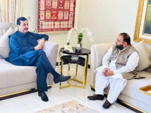 Chairman Senate Syed Yousuf Raza Gillani exchanging views with Aurangzeb Khan Khichi, Federal Minister for National Heritage & Culture.