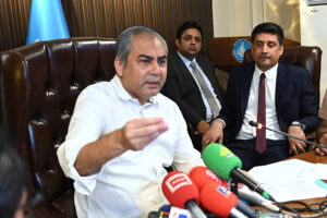 Federal Interior Minister Mohsin Naqvi addressing a press conference at FIA Office Temple Road