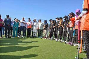 Dutch hockey legend Floris Jan Bovelander provides coaching tips to hockey players during a special training clinic organized by the Khawaja Junaid Hockey Academy (KJHA) at Naseer Bunda Hockey Stadium, Pakistan Sports Complex