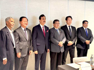 A group photo of Chairman Senate Syed Yousaf Raza Gilani flanked by (From L-R) Hon'ble Dr. Mohd Mata Md Ramli, Malaysian Senator; Hon. Dr. Charles S. Yang, Chair of UPF International; Tan Sri Dato’ (Dr) Johari bin Abdul, Speaker of the House of Representatives of Malaysia and incumbent President of ASEAN; Hon. Chung Woo Lee, Co-Chair of the ISC Organizing Committee; and Hon. Ek Nath Dhakal, Member of the Federal Parliament of Nepal, ISC Co-Chair, in Kuala Lumpur Malaysia