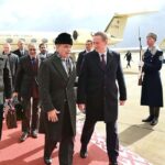 Prime Minister Muhammad Shehbaz Sharif is being received by Prime Minister of Belarus, Alexander Turchin as he arrives at Minsk's International Airport on a two day visit