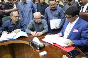 PPP Sindh General Secretary Waqar Mehdi filing nomination paper for the vacant Senate seat from Sindh at Provincial Election Commission office. The seat fell vacant following the demise of senior Pakistan People’s Party (PPP) leader and Senator Taj Haider.
