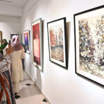 Visitors of art lover keenly observe a masterpiece by renowned artists Abid Hasan, Imran Hunzai, Aftab Ahmed, Mansoor Rahi, Ajab Khan, Mansur Aye, Akram Dost, Maqsood Ali, Akram Spaul, Mobina Zuberi, Ali Abbas, Mona Naqsh, Anila Zulfiqar, Mutaib Shah, Arjumand Faisel, Nazir Ahmed, Arshad Maqbool, Sadequian, A. S. Rind, Safwan bshir, Ather Jamal, Samra Cheema, Ann Raza, Shahla Rafi, Bin Qulander, Shiblee Munir, Farrukh Shahab, Unab Sumbal, Hajra Mansoor, Wahab Jaffer an Art exhibition after opening reception of 17th Anniversary Exhibition at Gallery 6 in federal Capital