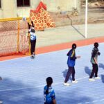 Players in action during the 35th National Women's handball trials are being held at the University of Agriculture ground organized by the Punjab Sports Board