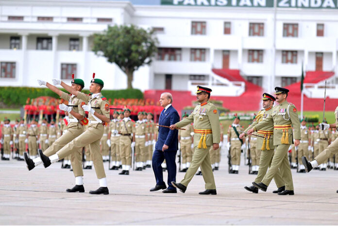 Prime Minister Muhammad Shehbaz Sharif reviewing the parade at the passing out ceremony of 151st Long Course at PMA Kakul
