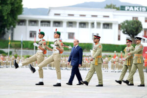Prime Minister Muhammad Shehbaz Sharif reviewing the parade at the passing out ceremony of 151st Long Course at PMA Kakul