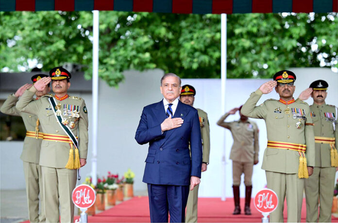Prime Minister Muhammad Shehbaz Sharif reviewing the parade at the passing out ceremony of 151st Long Course held at PMA Kakul