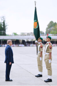 Prime Minister Muhammad Shehbaz Sharif transferring the flag to the junior company at passing out ceremony of the 151st Long Course at PMA Kakul