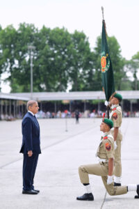 Prime Minister Muhammad Shehbaz Sharif transferring the flag to the junior company at passing out ceremony of the 151st Long Course at PMA Kakul