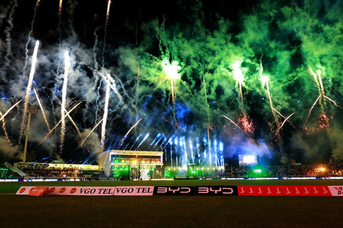 A view of fireworks illuminating the stadium during the grand opening ceremony of Pakistan Super League (PSL) Season 10, marking the beginning of the much-anticipated cricket tournament with vibrant fanfare and celebration