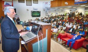 Federal Minister for National Food Security and Research, Rana Tanveer Hussain addressing the Inaugural ceremony of International Conference on Poultry Health Management at PMAS-Arid Agriculture University.