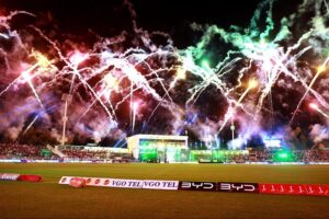 A view of fireworks illuminating the stadium during the grand opening ceremony of Pakistan Super League (PSL) Season 10, marking the beginning of the much-anticipated cricket tournament with vibrant fanfare and celebration