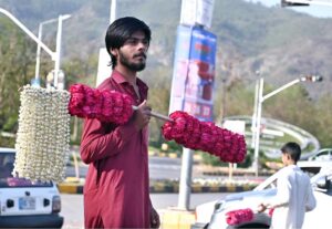 A vendor displays and sells flower garlands at a roadside in the Federal Capital, aiming to attract customers with the vibrant and fragrant offerings.
