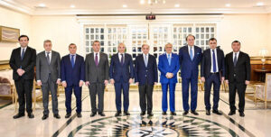 Prime Minister Muhammad Shehbaz Sharif in a group photo with H.E Mikayil Jabbarov, Azerbaijan's Minister of Economy and accompanying delegation.
