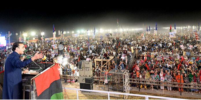 Chairman Pakistan People’s Party, Bilawal Bhutto Zardari addresses a public gathering near Rohri Interchange