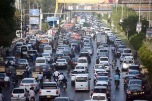 Shahra-e-Faisal, the main artery of Karachi, is seen packed with heavy vehicular traffic, reflecting the city's bustling routine.