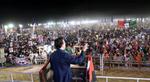 Chairman Pakistan People’s Party, Bilawal Bhutto Zardari addresses a public gathering near Rohri Interchange