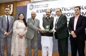 Chairman PM Youth Programme Rana Mashhood Ahmed addresses a session on “AI & Emerging Technology for Youth Empowerment” at Sir Syed University of Engineering and Technology (SSUET)