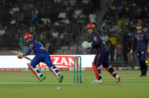 Islamabad United Batter Shadab Khan looks after playing a shot during the Pakistan Super League (PSL) Twenty20 cricket match between Karachi Kings and Islamabad United at the National Stadium.