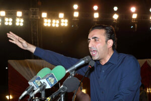 Chairman Pakistan People’s Party, Bilawal Bhutto Zardari addresses a public gathering near Rohri Interchange