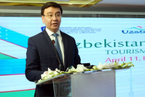 H.E. Umid Shadiev Chirman of the Tourism Committee of Uzbekistan Addressing during the "Uzbekistan Tourism Roadshow-2025" at a local hotel