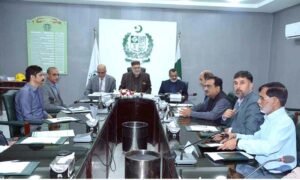 Federal Minister for Poverty Alleviation and Social Safety Sayed Imran Ahmed Shah being briefed by the MD Pakistan Bait ul Maal during his visit to the Headquarters of PBM. Secretary Poverty Alleviation and Social Safety Mr۔ Naveed Ahmed sheikh is Also present.