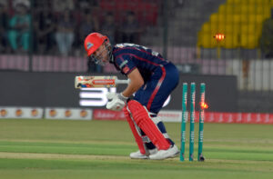 Islamabad United Batter Shadab Khan looks after playing a shot during the Pakistan Super League (PSL) Twenty20 cricket match between Karachi Kings and Islamabad United at the National Stadium.