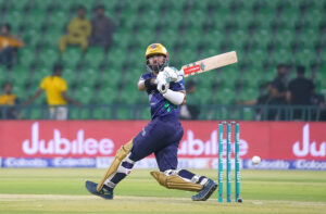 Quetta Gladiators player Saud Shakeel plays shot during the Pakistan Super League PSL-X T20 cricket match between Quetta Gladiators and Karachi Kings at the Gaddafi Cricket Stadium