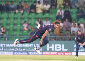 Quetta Gladiators player Saud Shakeel plays shot during the Pakistan Super League PSL-X T20 cricket match between Quetta Gladiators and Karachi Kings at the Gaddafi Cricket Stadium