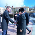 Prime Minister Muhammad Shehbaz Sharif is being received by Chairman of the Minsk City Executive Committee / Mayor of Minsk Vladimir Kukharev as he arrives at Victory Monument