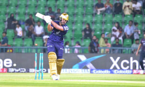 Quetta Gladiators player Saud Shakeel plays shot during the Pakistan Super League PSL-X T20 cricket match between Quetta Gladiators and Karachi Kings at the Gaddafi Cricket Stadium