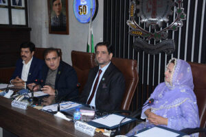 President Faisalabad Chamber of Commerce & Industry (FCCI) Mr. Rehan Naseem Bharara is addressing the trade and investment officers during a meeting at FCCI Complex