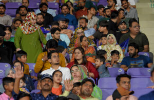 Islamabad United Batter Shadab Khan looks after playing a shot during the Pakistan Super League (PSL) Twenty20 cricket match between Karachi Kings and Islamabad United at the National Stadium.