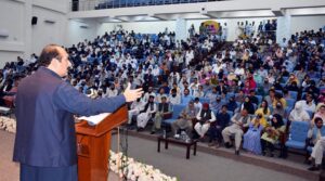 Chairman Prime Minister's Youth Programme Rana Mashhood Ahmed Khan addressing during a consultation session with Youth on National Adolescent and Youth policy at IM sciences University Peshawar.