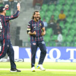 Karachi Kings bowler Hassan Ali celebrates the wicket of Quetta Gladiators Fin Allen during the Pakistan Super League PSL-X T20 cricket match between Quetta Gladiators and Karachi Kings at the Gaddafi Cricket Stadium