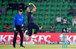 Karachi Kings bowler Hassan Ali celebrates the wicket of Quetta Gladiators Fin Allen during the Pakistan Super League PSL-X T20 cricket match between Quetta Gladiators and Karachi Kings at the Gaddafi Cricket Stadium