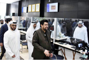 Governor Sindh Kamran Khan Tessori along with Ambassador of United Arab Emirates (UAE) Hamad Obaid Ibrahim Salem Al-Zaabi, (UAE) Consul General to Karachi Bakheet Ateeq Al-Romaithi talking to Media persons during visited UAE Consulate