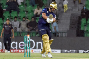 Karachi Kings bowler Hassan Ali celebrates the wicket of Quetta Gladiators Fin Allen during the Pakistan Super League PSL-X T20 cricket match between Quetta Gladiators and Karachi Kings at the Gaddafi Cricket Stadium