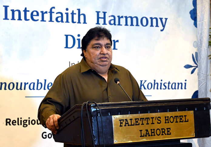 Minister of State Religious Affairs and Interfaith Harmony, Kheeal Das Kohistani addressing during the Interfaith Harmony Dinner organized by (CLI) Center for Law & Justice at local Hotel