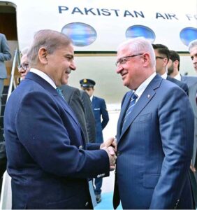 Prime Minister Muhammad Shehbaz Sharif being received by Minister of National Defense of Turkiye Yashar Guler upon arrival.