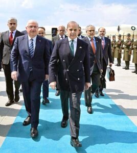 Prime Minister Muhammad Shehbaz Sharif being received by Minister of National Defense of Turkiye Yashar Guler upon arrival.