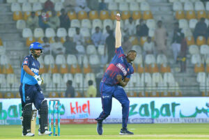Islamabad United bowler Jason Holder delivers a ball during the PSL-X T20 cricket match between Multan Sultans and Islamabad United at the Multan Cricket Stadium